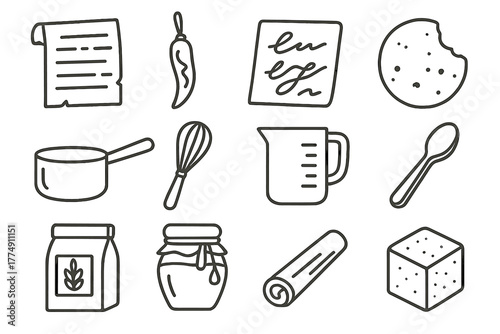 Timeworn Recipe Icons. Line style icons of Timeworn Recipes: Cardboard Recipe, Exotic Flavor, Cursive Handwriting, Forgotten Taste