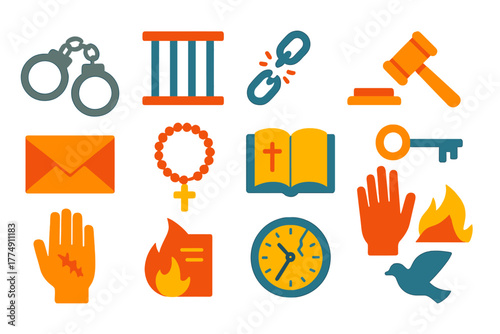 Crime and Atonement Icons. Flat vector icons of Crime and Atonement: handcuffs, prison bars, broken chain, courtroom gavel, folded