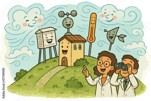 Playful Weather Station. Weather station on a hill with smiling instruments, playful winds, and cheerful scientists watching the