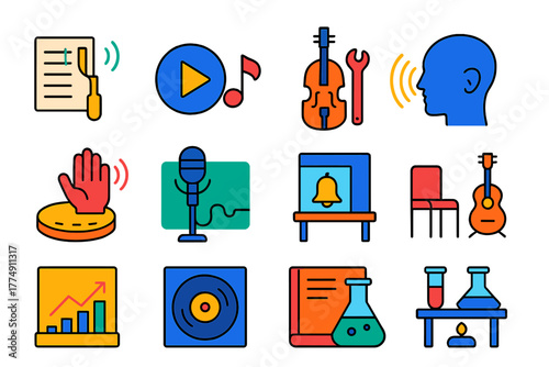 Experimental Music Icons. Flat vector icons of experimental music reconstruction: tuning experiment, sound playback, instrument