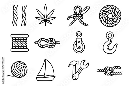 Nautical Rope Icons. Line style icons of Fiber Twisting: Twisting Fibers, Hemp, Sailor's Craft, Coil; Rope Spool, Knot, Pulley,
