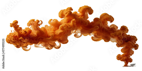 Beautiful orange smoke plume isolated on transparent background. bright orange paint color powder festival background.	\