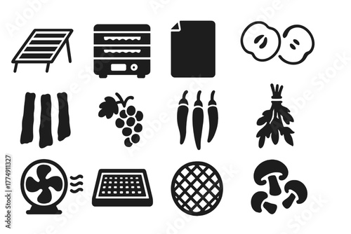 Drying Techniques Icons. Solid style icons of drying techniques: solar drying rack, dehydrator machine, parchment sheet, dried