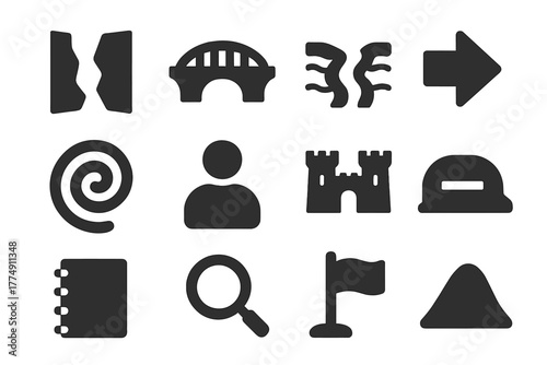 Strategic Icons Collection. Solid style icons of chokepoints and strategic positions: narrow pass, bridge, river crossing, arrow,
