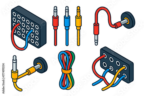 Colorful Cable Connections. Isometric vector illustration set Patch Cable Routing: patch bay panel, colored cables, input jack,