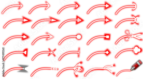 A collection of various red glowing curved arrow icons with different arrowhead styles on a white background.