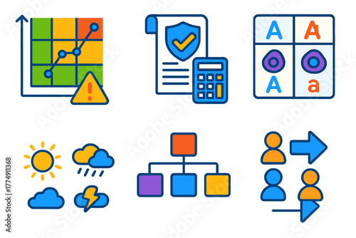 Colorful Probability Diagrams. Isometric vector illustration set Applied Probability: risk analysis chart, insurance calculation