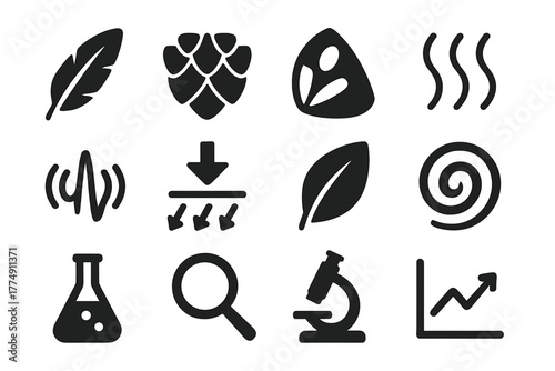 Sound Absorption Icons. Solid style icons of sound absorption and protective adaptations: feather, scale, moth wing, vibration