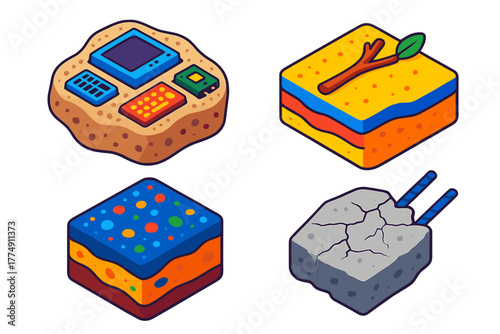 Synthetic Fossil Icons. Isometric vector illustration set Synthetic Fossil Formation: E-waste fused with sand, plastic entombed