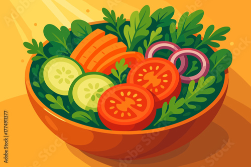 Vibrant Salad Bowl. Vibrant salad bowl filled with fresh vegetables and garnished with herbs, illuminated by warm natural light,