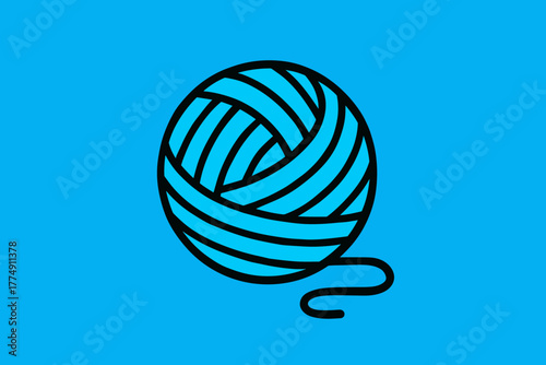 Bold Yarn Design. Bold cyan yarn ball vector illustration placed on a bright blue background, clean and minimalist composition,