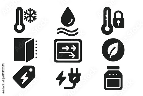 Environmental Control Icons. Solid style icons of environmental controls: frost-free chamber sensors, humidity regulation icon,
