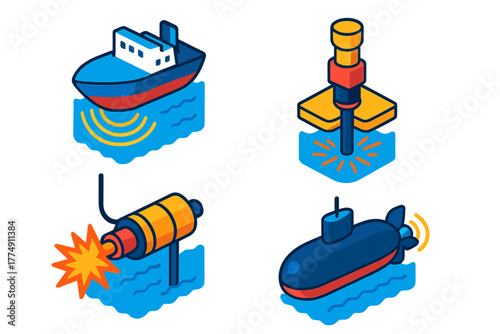 Underwater Noise Icons. Isometric vector illustration set Underwater Noise Sources: Ship sonar pulse wave, underwater construction