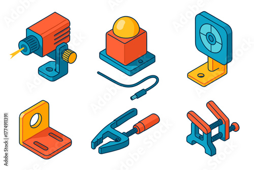 Robotics Kit Components. Isometric vector illustration set Robotics kits – laser module, bracket mount, focus knob; safety
