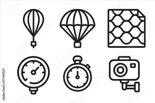 High-Altitude Balloon Icons. Line style icons of High-Altitude Ballooning: stratospheric balloon, parachute system, thermal