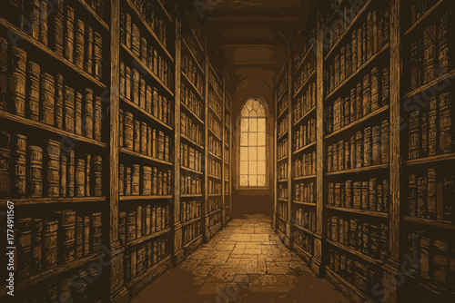 Nostalgic Library Ambiance. Atmospheric library scene with towering shelves of old vector illustration books under warm golden