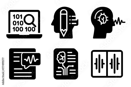 Forensic Linguistics Icons. Line style icons of Forensic Linguistics: software linguistic scan, algorithmic stylometry tool, AI