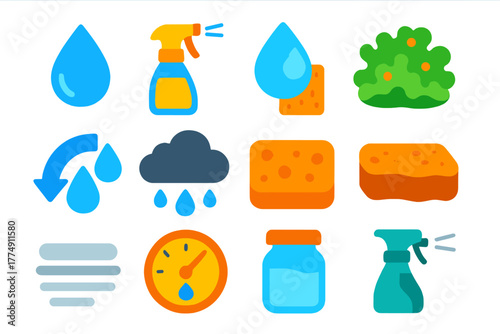 Humidity Icons Collection. Flat vector icons of Humidity and Moisture: water droplet, mist sprayer, condensation bead, wet moss,