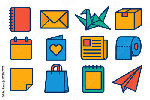 Flat Paper Icons. Flat vector icons of paper products: notebook, envelope, origami crane, packaging box, calendar sheet, greeting