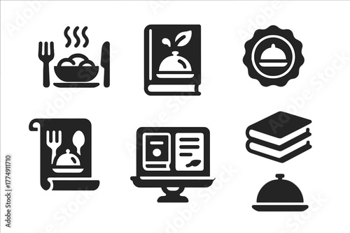Culinary Story Icons. Solid style icons of edible storytelling archives: meal scene icon, flavor + tale book, dish caption badge.