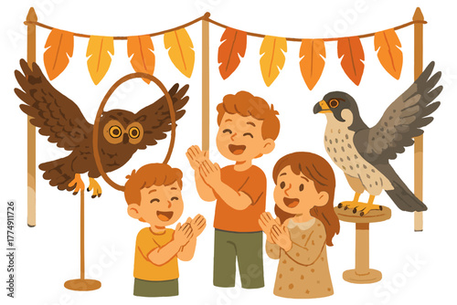 Falconry Festival Fun. Falconry festival with birds performing tricks, children clapping, and banners shaped like feathers No text