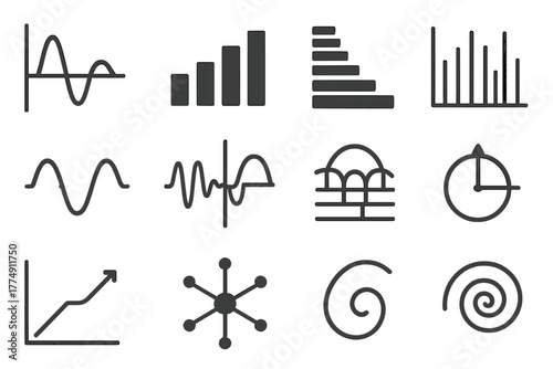 Harmonic Analysis Icons. Solid style icons of harmonic analysis: Fourier transform graph, harmonic bars, overtone stack, spectral