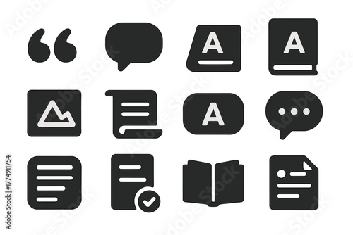 Grammar Icon Set. Solid style icons of defining usage: quotation marks, context bubble, word in sentence, grammar book,