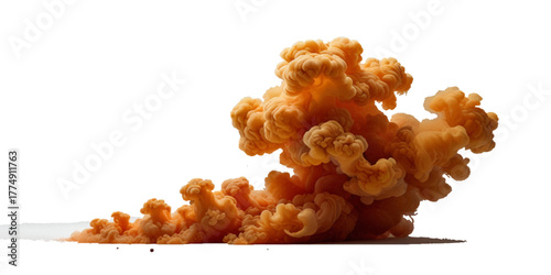 Beautiful orange smoke plume isolated on transparent background. bright orange paint color powder festival background.	\