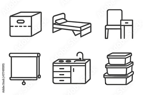 Compact Living Icons. Line style icons of compact living solutions: modular storage box, foldable bed, dual-purpose furniture,