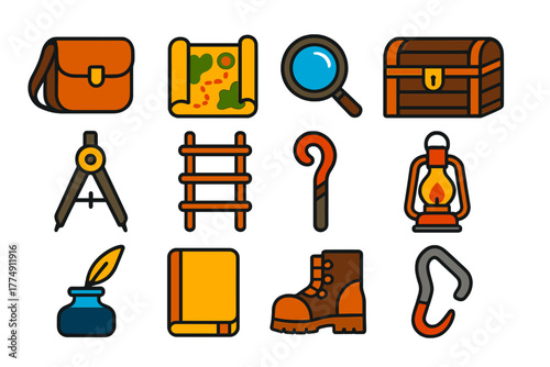 Exploration Icon Set. Flat vector icons of exploration tools: leather satchel, rolled map, magnifying glass, wooden chest, compass