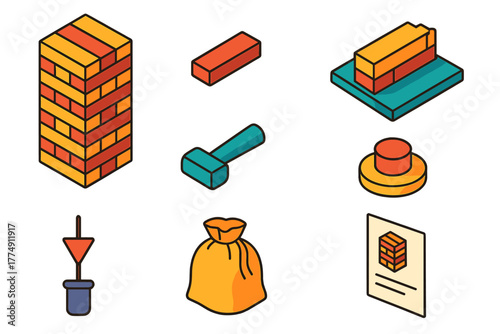 Colorful Board Game Icons. Isometric vector illustration set Board games – stacked blocks tower, single block, base platform; draw
