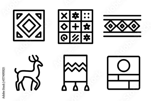 Cultural Pattern Icons. Line style icons of Cultural Patterns and Meanings: tribal motif tile, symbolic pattern grid, geometric