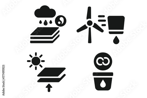 Multi-Source Water Icons. Solid style icons of multi-source harvesting systems: fog + dew combo panel, wind-cooled condensation,