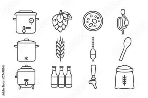 Homebrew Icon Set. Line style icons of Homebrew Setup: Mash Tun, Hops, Yeast Culture, Airlock; Brewing Kettle, Barley, Hydrometer,