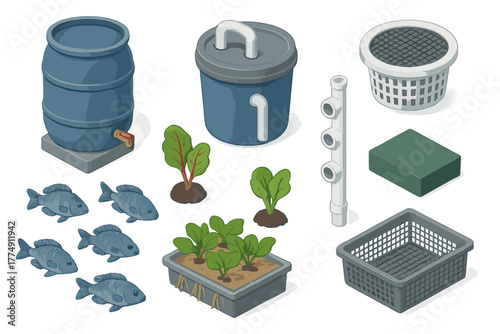 Aquaponics System Designs. Isometric vector illustration set of Aquaponics systems: water catchment barrel, siphon filter bucket,