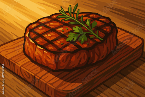 Gourmet Steak Presentation. Gourmet steak garnished with herbs served on a rustic wooden board, illuminated by warm natural light,
