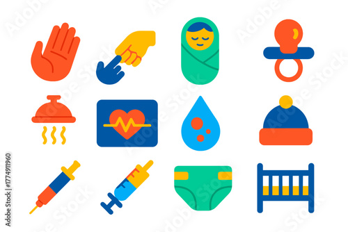 Neonatal Care Icons. Flat vector icons of Gentle Neonatal Care: nurse hand, tiny hand grasping finger, blanket wrap, pacifier,