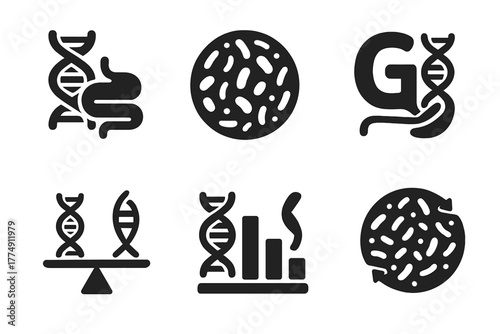 Genetic-Gut Iconography. Solid style icons of gut microbiome and genetics: DNA + gut symbol, bacteria ring icon, digestion gene