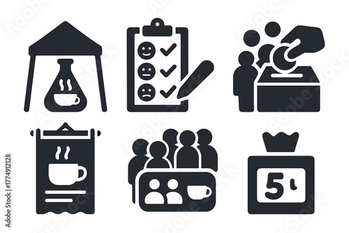 Public Tasting Icons. Solid style icons of public experiments and tastings: tea lab tent, clipboard rating, crowd sampling. Blind