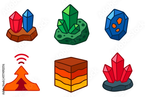 Gemstone Crystallization Icons. Isometric vector illustration set Gem formation: ruby and sapphire crystallization, emerald host