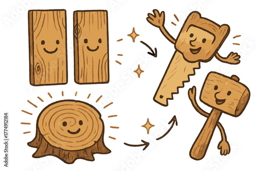 Joyful Wooden Artifacts. Magical doodle wooden artifact study with smiling planks, cartoon tools waving, cheerful tree ring