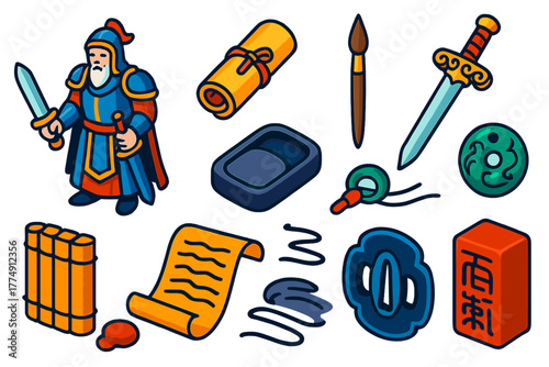 Sword and Scroll Icons. Isometric vector illustration set Sword & Scroll: armored sage, tied scroll text, writing brush, Jian