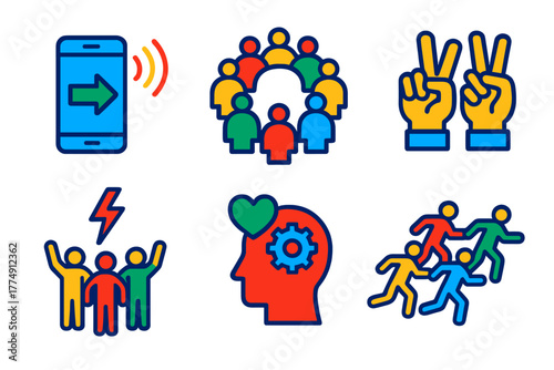 Flash Mob Coordination. Isometric vector illustration set Social coordination in flash mobs: mobile devices sending cues, crowd