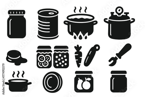 Canning Preservation Icons. Solid style icons of canning invention: glass jar with lid, metal tin can, boiling water bath,