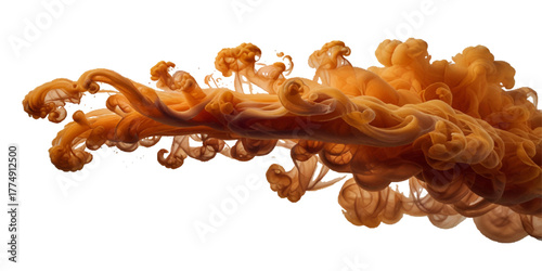 Orange color paint splash ink cloud liquid in water isolated transparent . Powerful cloud explosion, orange color spreads aggressively	