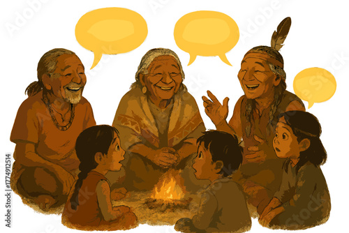 Tribal Storytelling Circle. Tribal storytelling circle with smiling elders, glowing speech bubbles, and children listening with