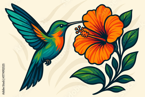 Hummingbird and Flower. Brightly colored hummingbird hovering near a vibrant flower, sharp details and dynamic vector illustration