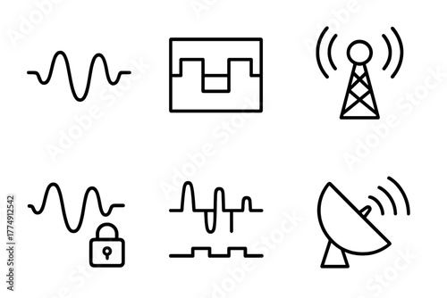 Communication Signal Icons. Line style icons of Communication Signals: waveform, modulation diagram, antenna tower, encrypted