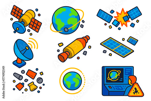 Space Debris Icons. Isometric vector illustration set Space Debris: fragmenting satellite, orbit circle diagram, collision symbol,