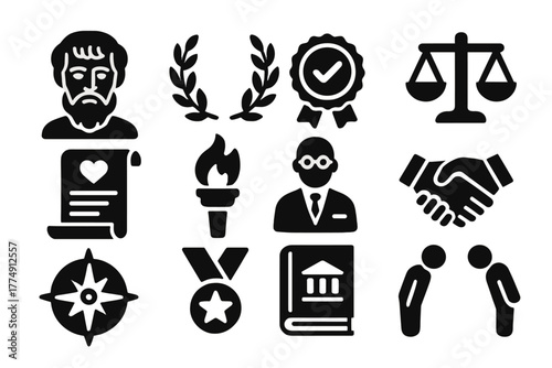 Aristotle's Ethos Icons. Solid style icons of Aristotle's ethos: philosopher bust, laurel wreath, credibility stamp, justice scale